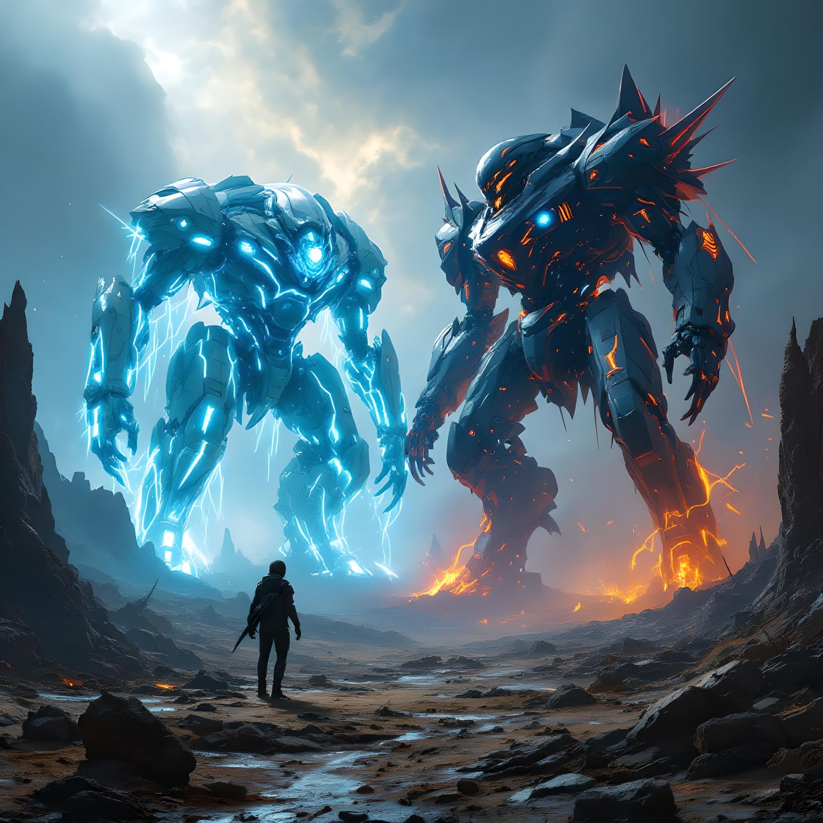 Futuristic Mech Battle in Cosmic Wasteland