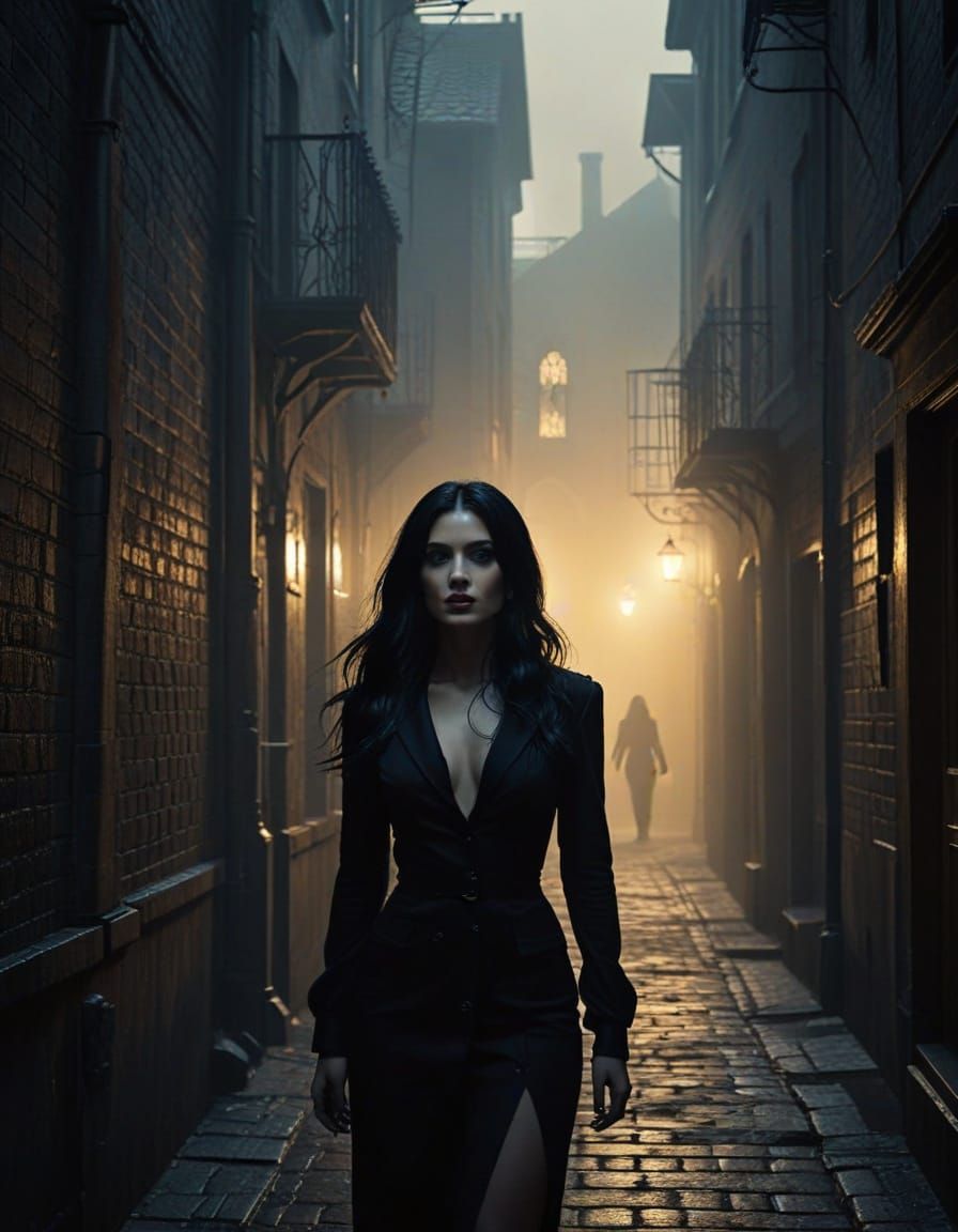 Gothic Woman in Dark Alley: Film Noir Digital Art