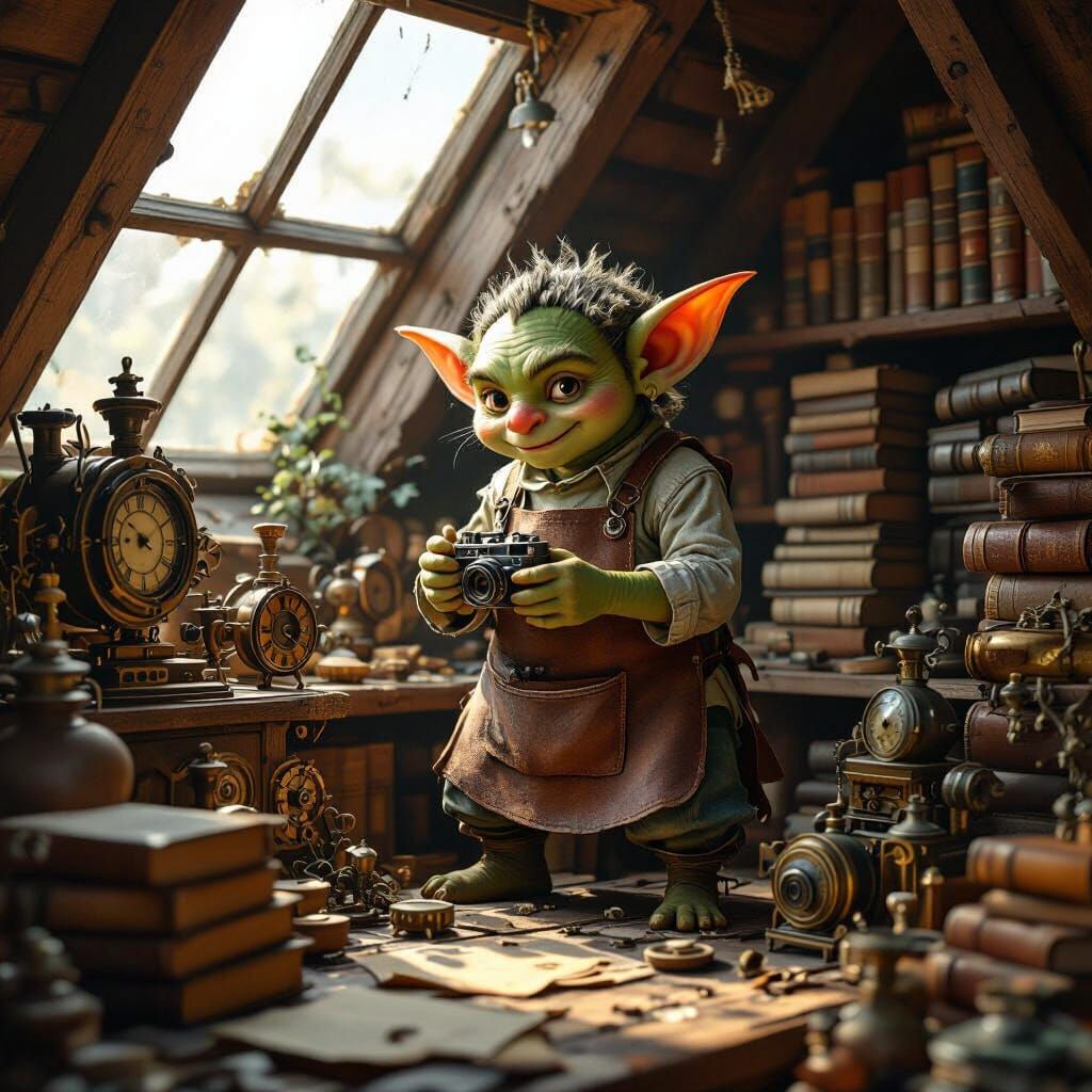 Goblin Repairs Camera in Sunlit Attic, Hyperrealistic Style
