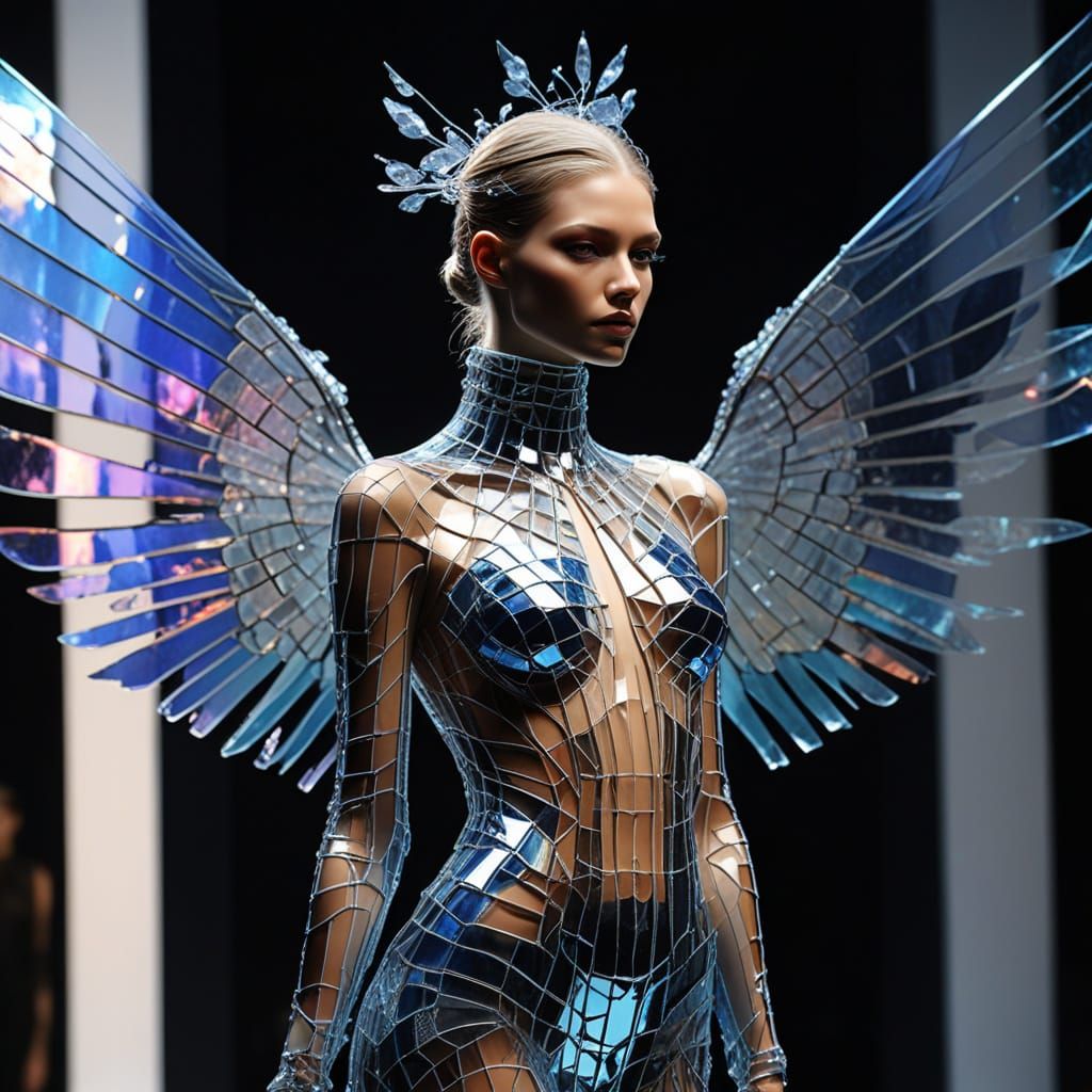 Ethereal Model in Iridescent Glass Wings on Catwalk