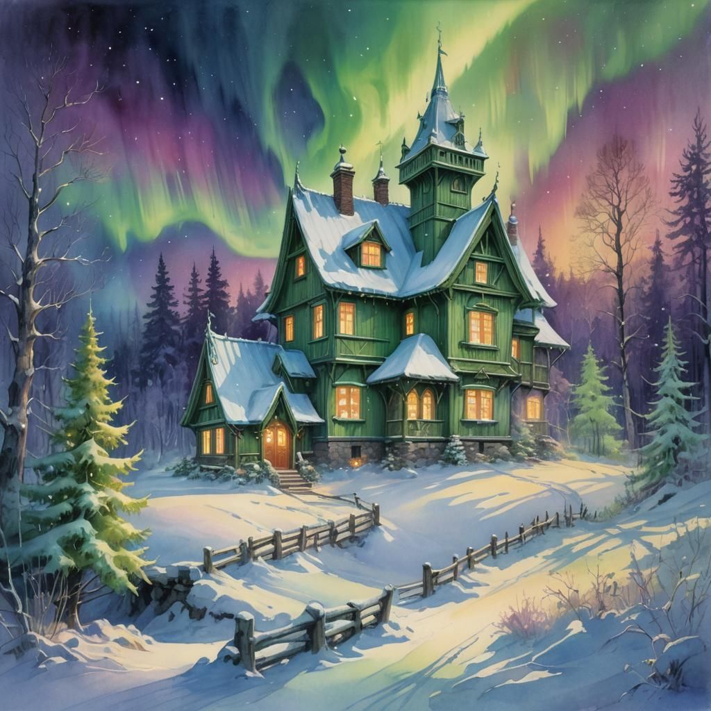Santa's House Under Aurora Borealis, Fantasy Art