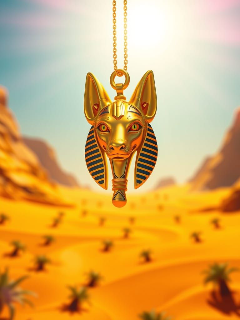 Golden Anubis Amulet in Vibrant Desert Landscape