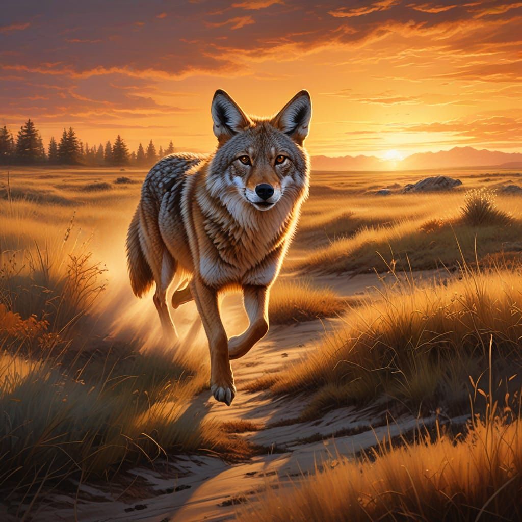 Coyote Running on Prairie at Sunset as Oil Painting