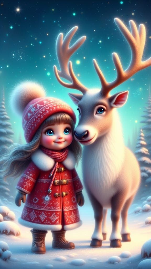 Girl and Reindeer in Magical Winter Landscape