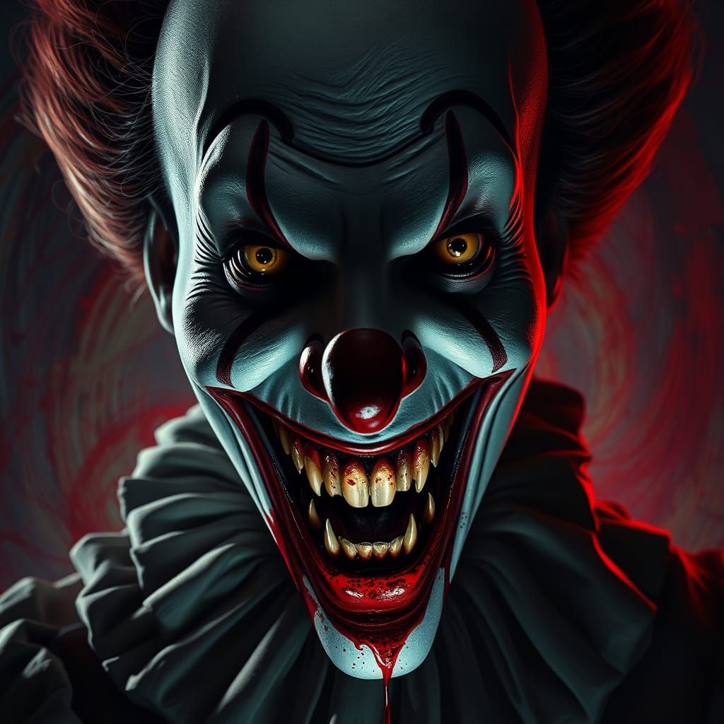 Grotesque Clown with Crimson Smile in Dark Concept Art