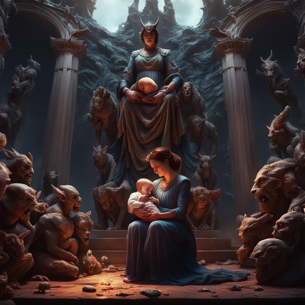 Mother Breastfeeding Under Demonic Gaze: Detailed Matte Pain...