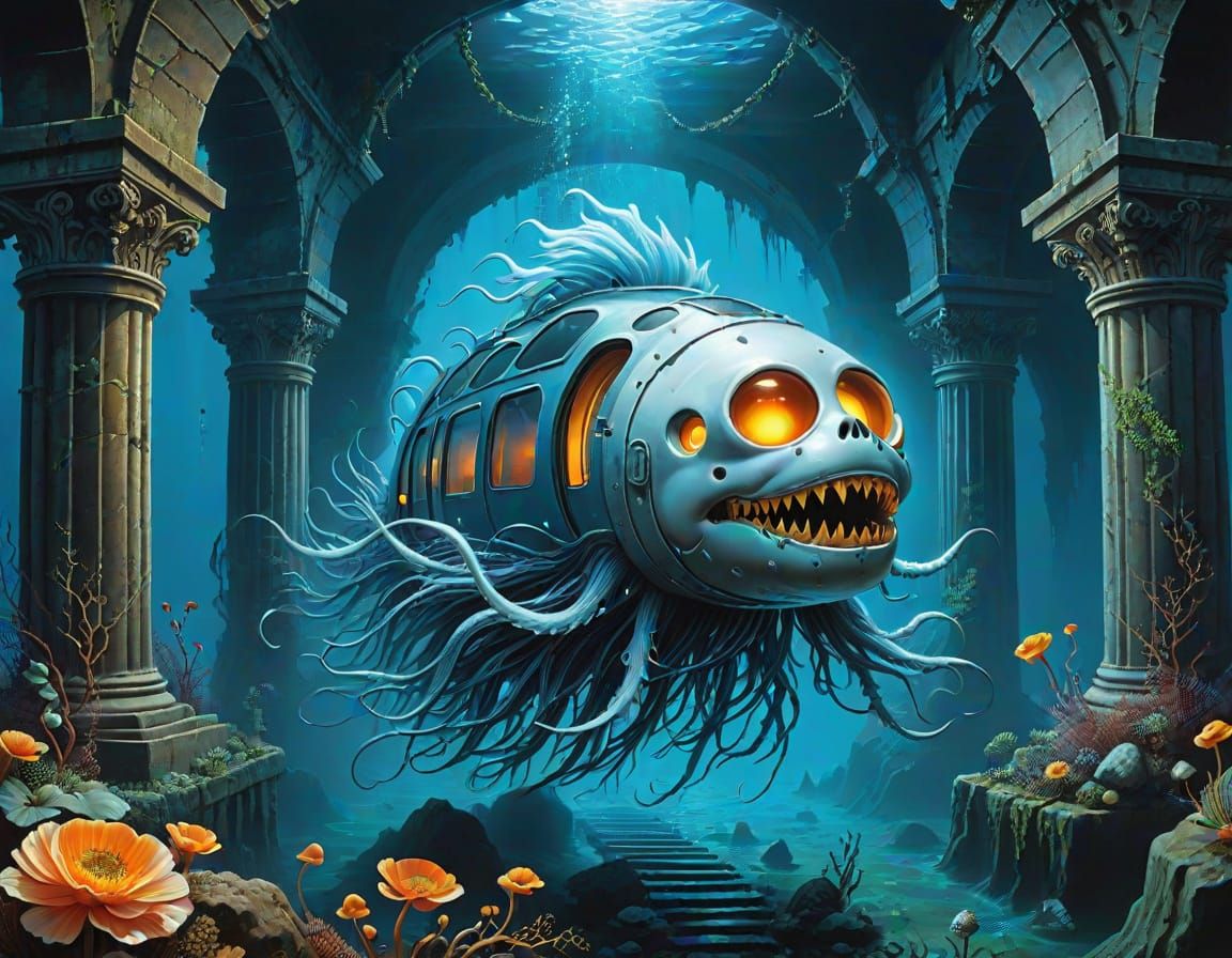 Surreal Biomechanical Submarine in Ocean Depths