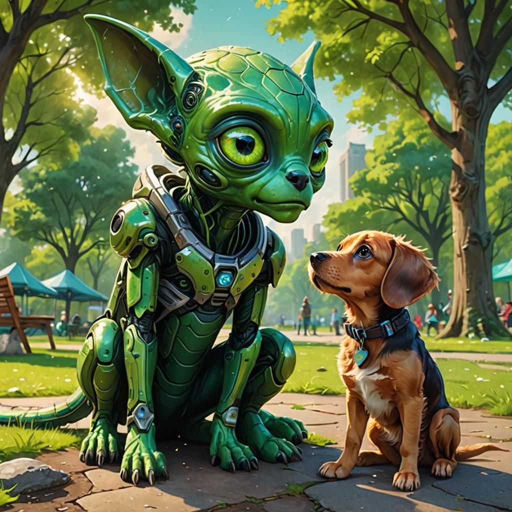 Friendly Alien Meets Dog in Park