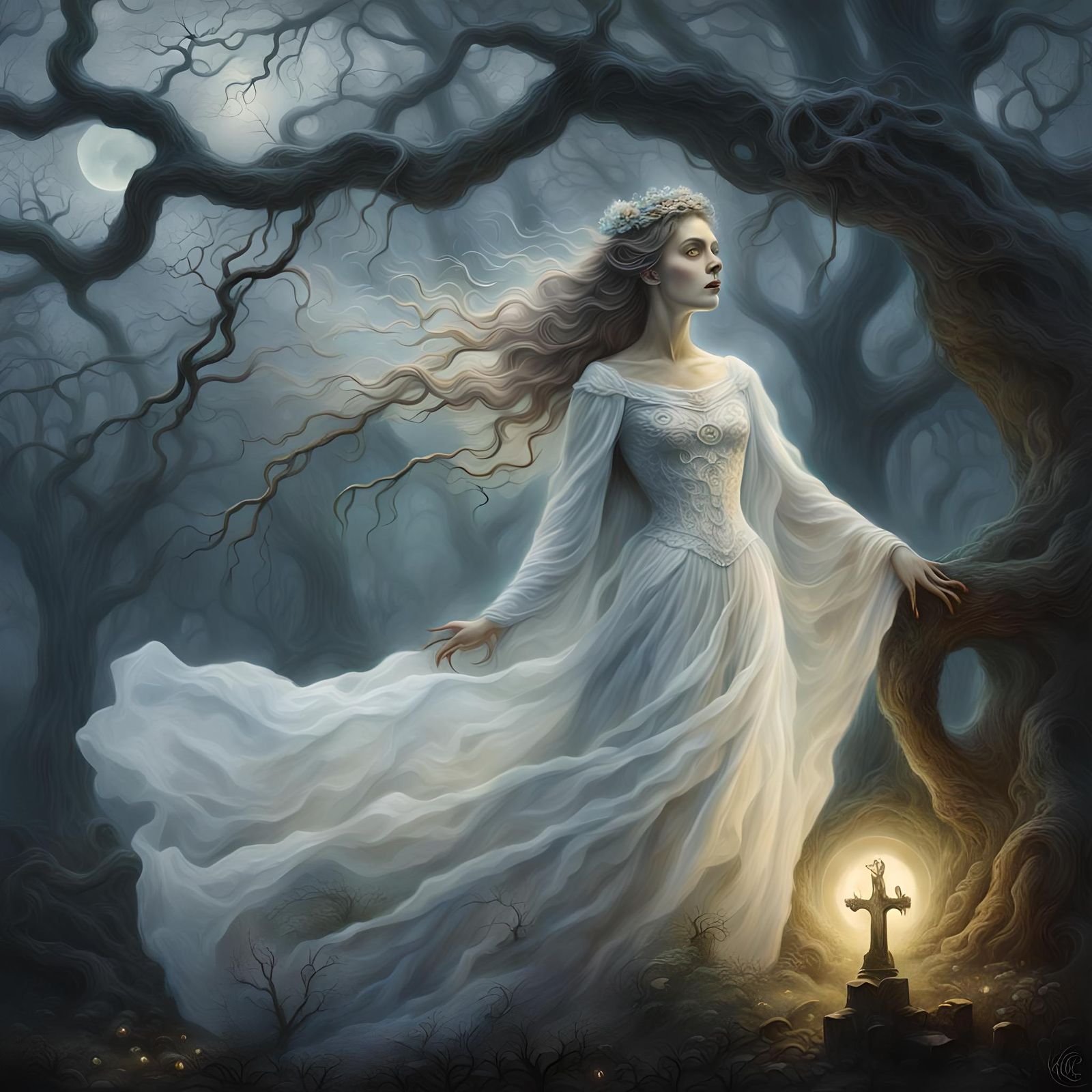 Lady Rises from Grave in Dreamy Graveyard