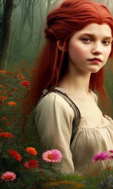 Hobbit Herbalist Gathering Flowers in Digital Art Style