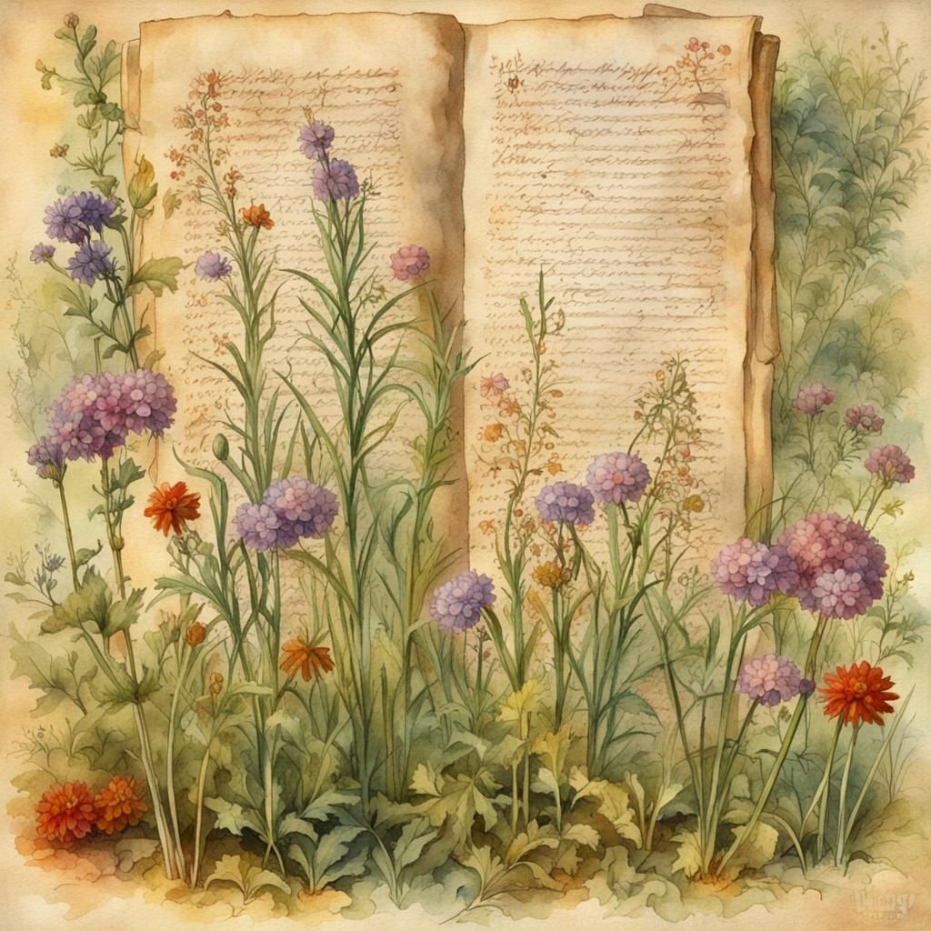 Medieval Monk's Garden on Aged Parchment in Watercolor