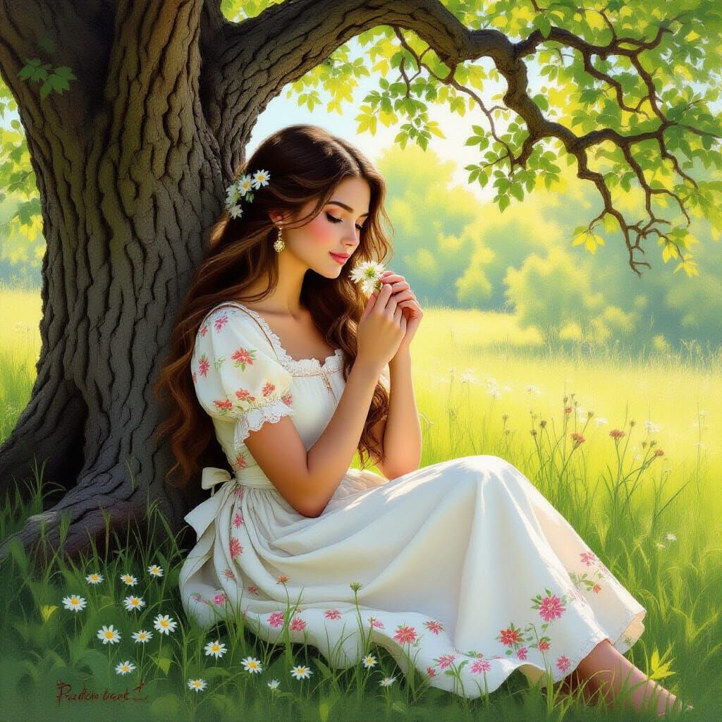 Woman in Floral Prairie Dress Smelling Wildflower