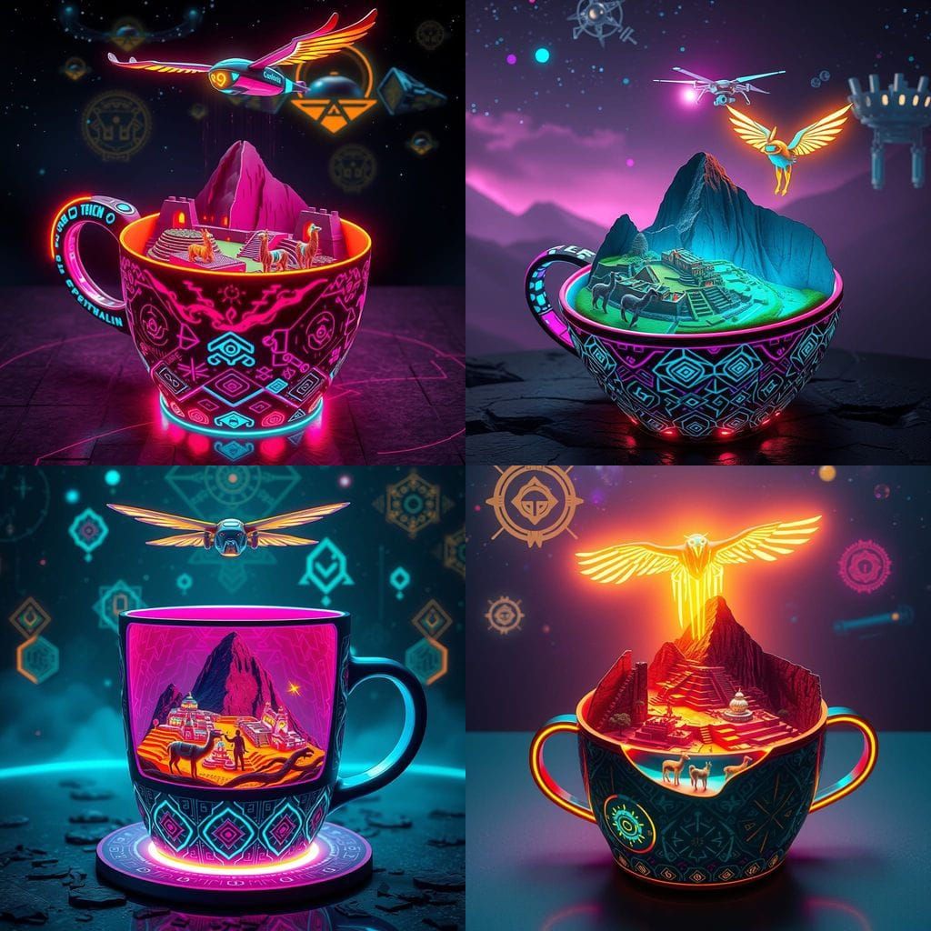 Cyberpunk Andean Cup with Glowing Machu Picchu