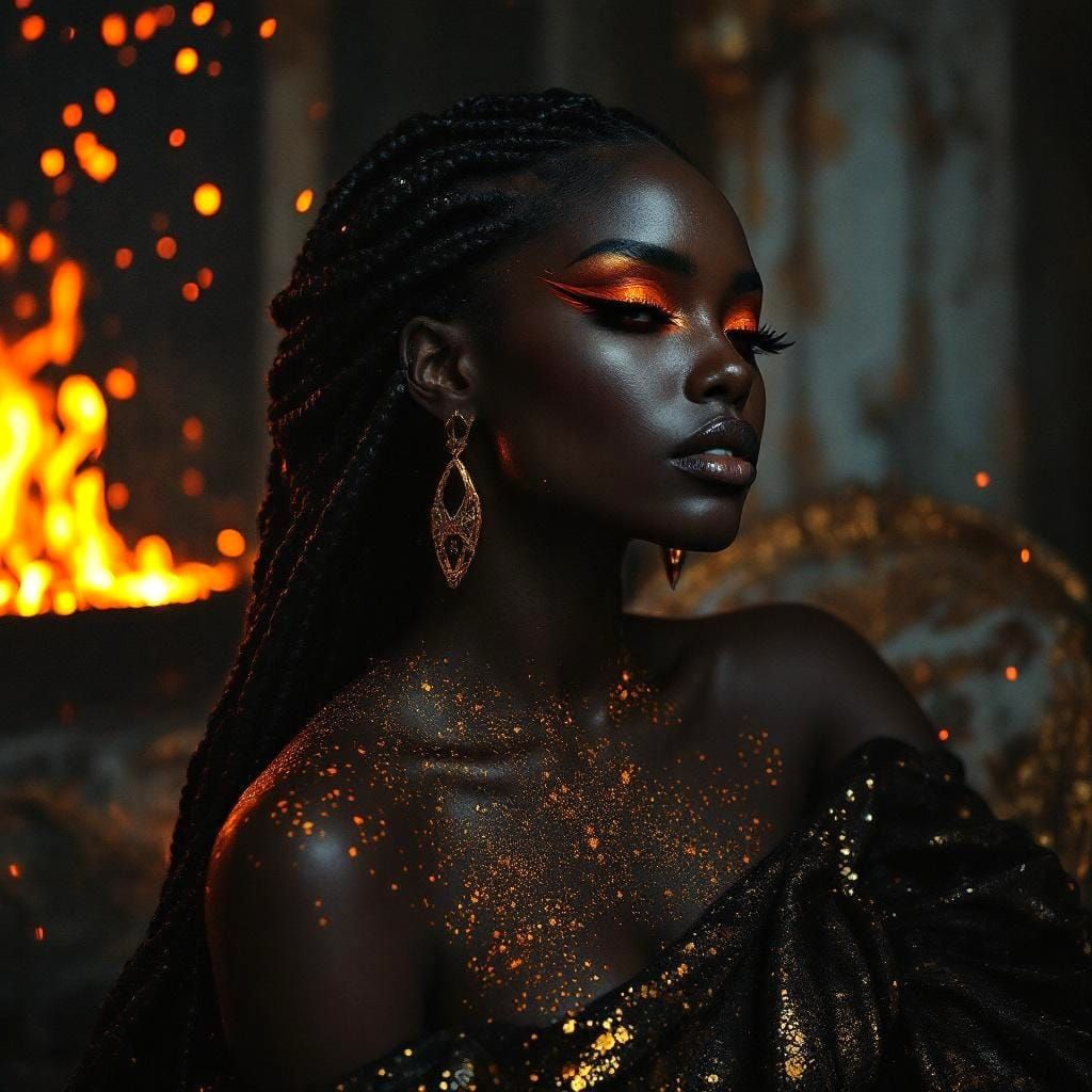 Regal Woman in Firelight: Surreal Alcohol Ink Painting