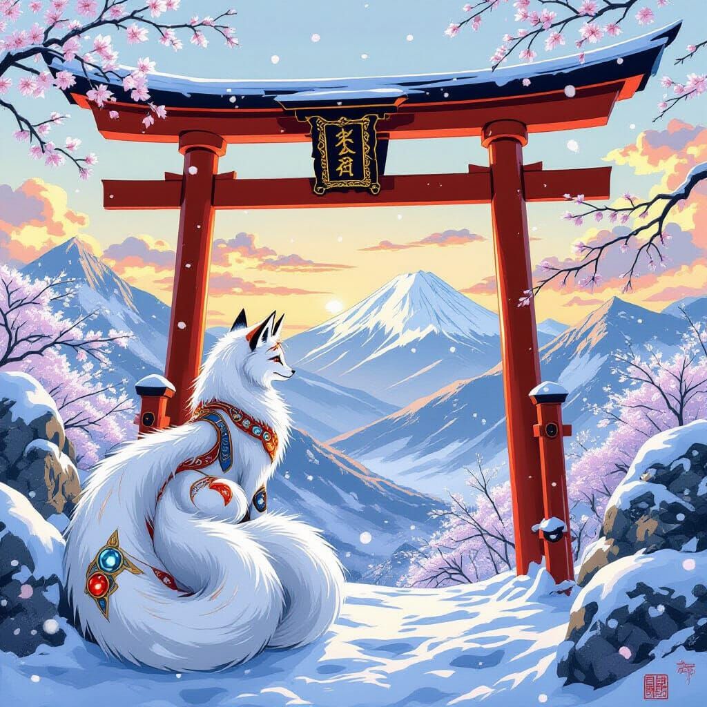 Kitsune on Torii Gate in Japanese Woodblock Style