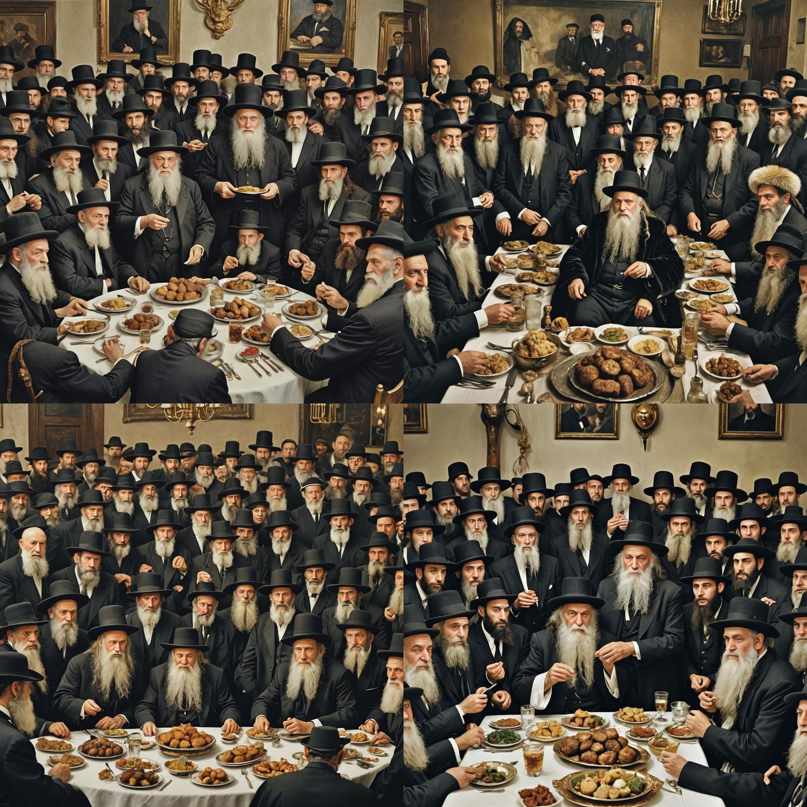 Elderly Rabbi with Hassidim in Cinematic Still