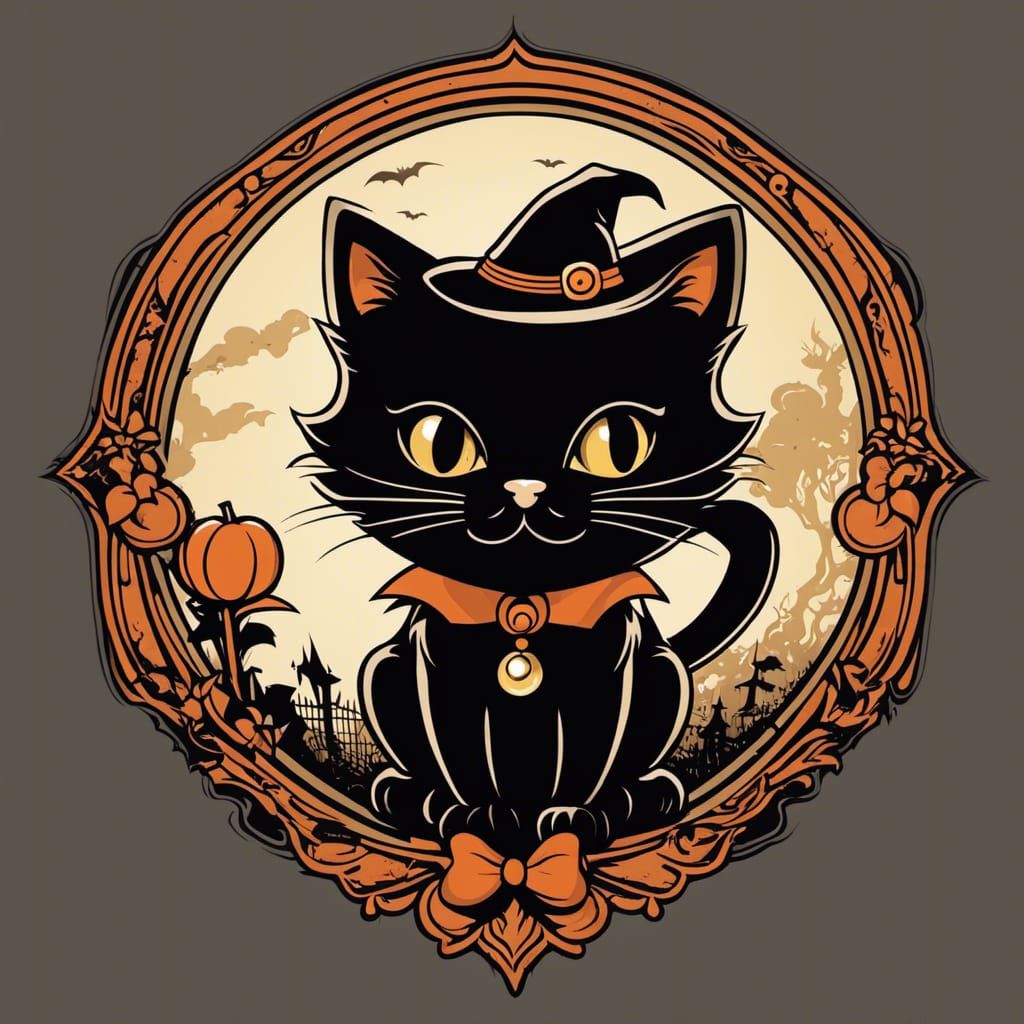 Vintage Retro Chibi Black Halloween Cat