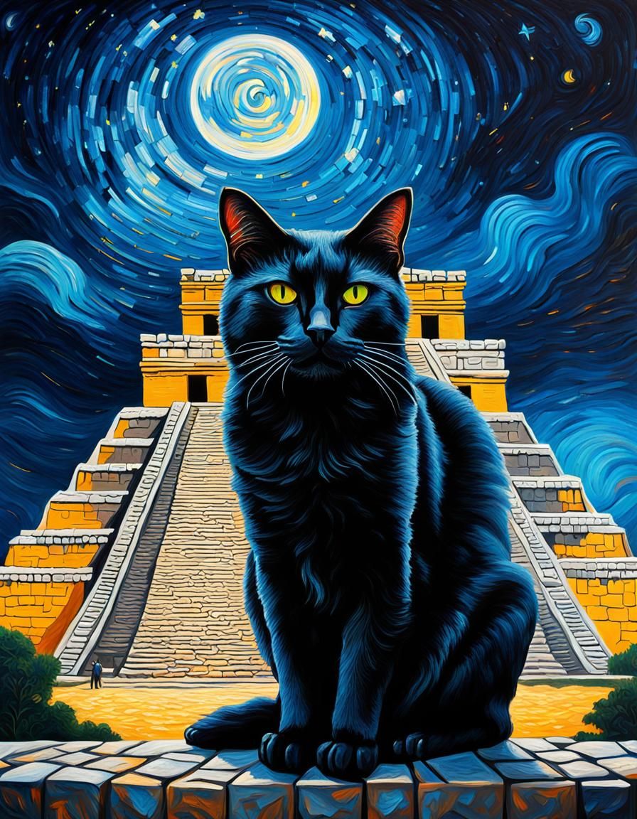 Black Cat and Mayan Temple in Van Gogh Style