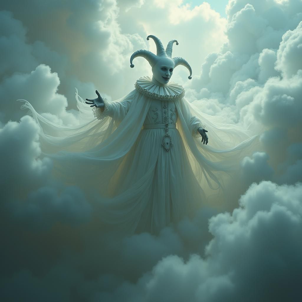 Ghostly Jester Dances in Ethereal Clouds