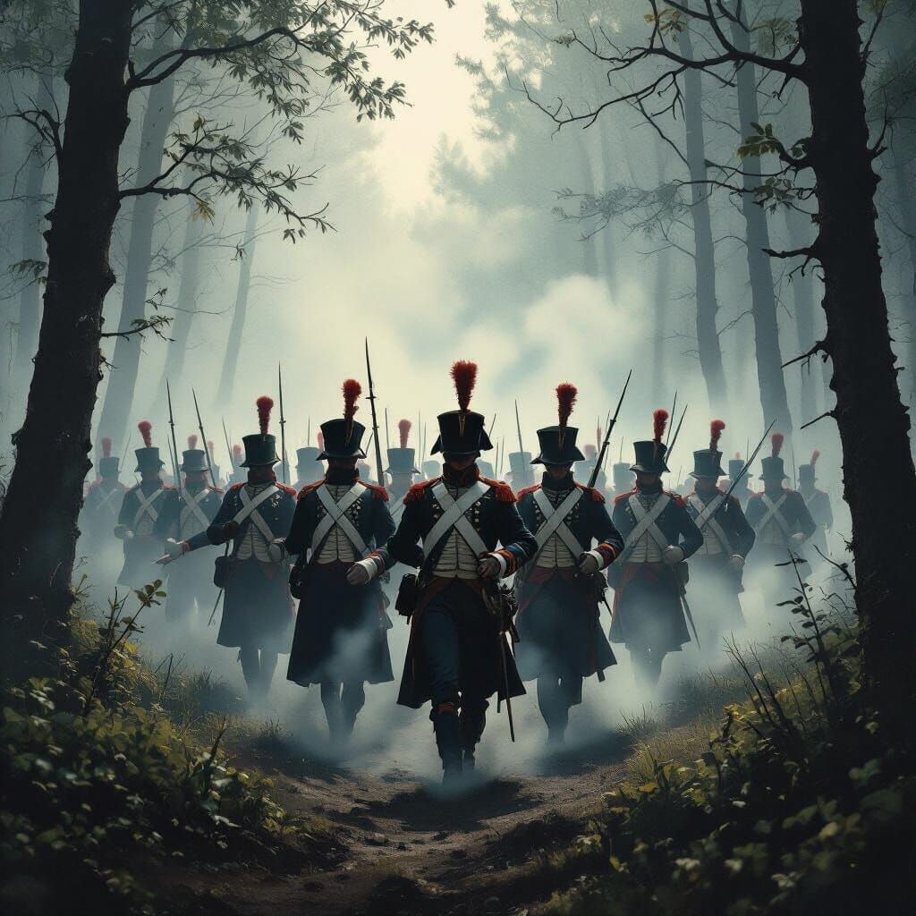 Napoleonic Troops Emerge from Foggy Forest