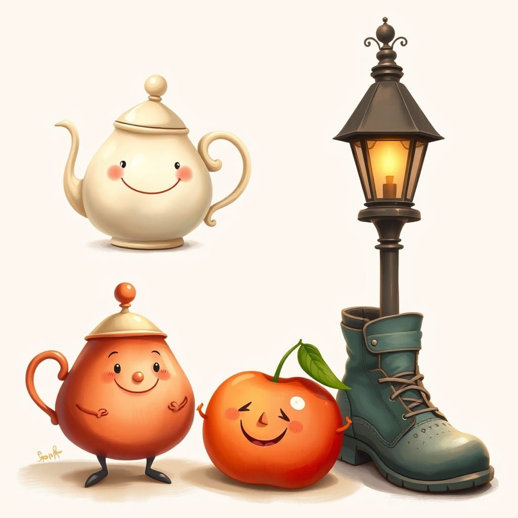 Whimsical Storybook Characters: Teapot, Streetlamp, Fruit & ...