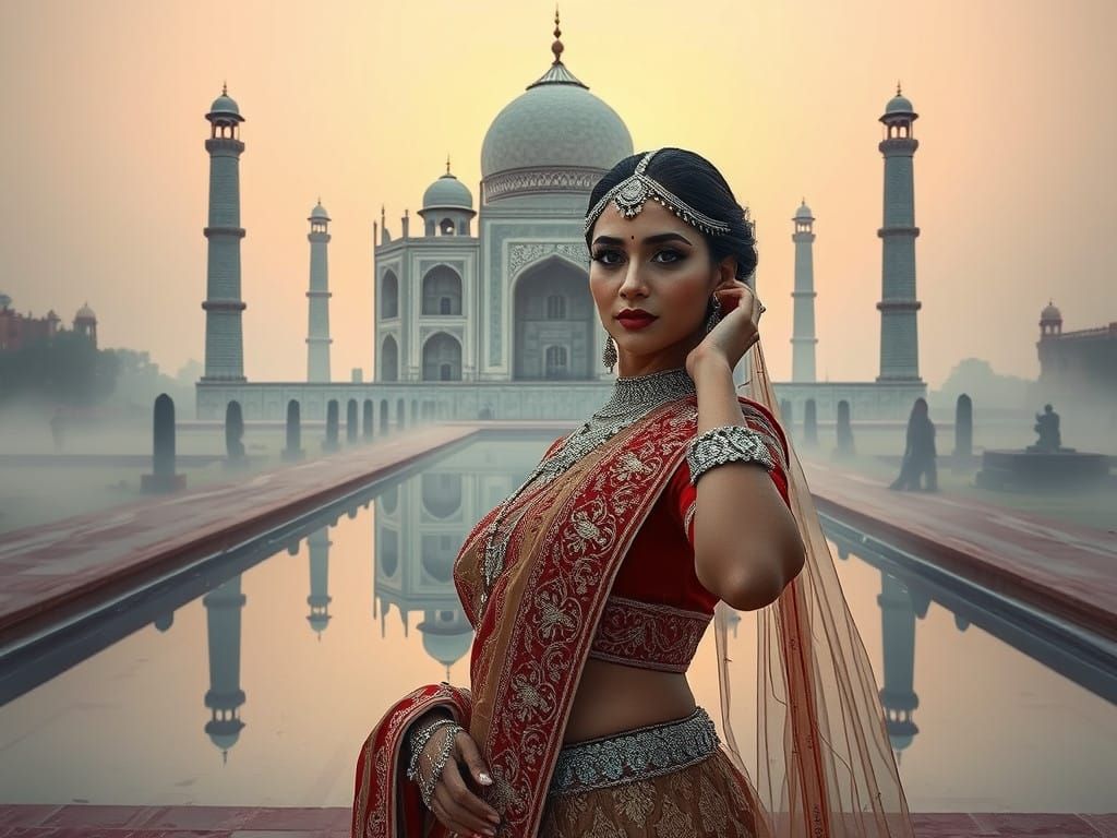 Luxurious Indian Goddess Against Taj Mahal Dawn