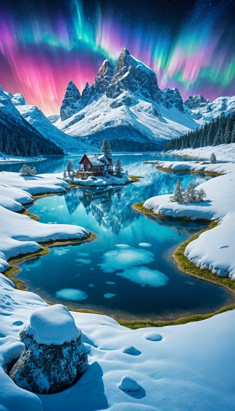 Psychedelic but realistic winter snowy wonderland landscape ...