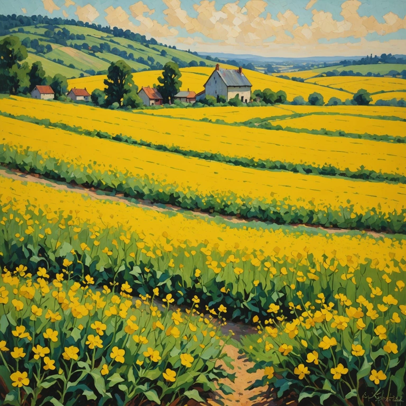 Impressionist Painting of a Yellow Mustard Field