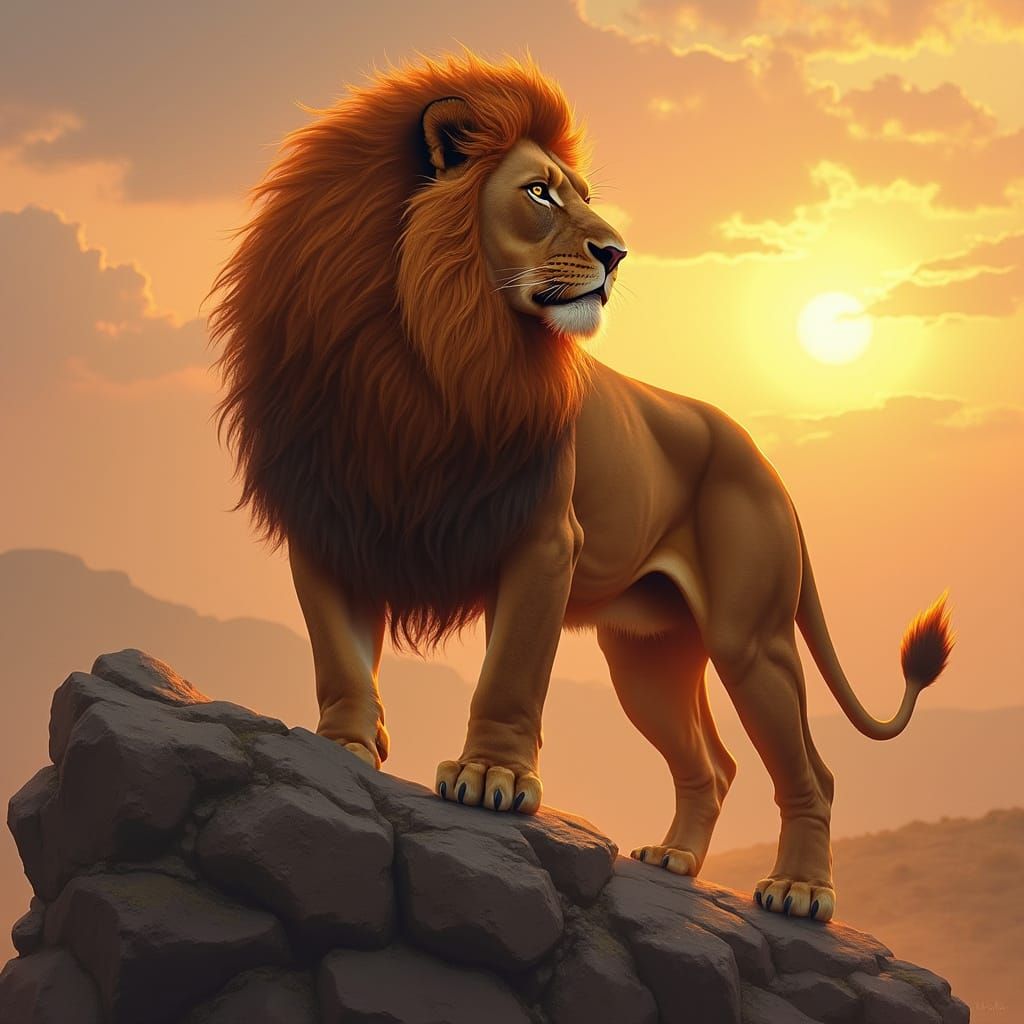 Fiery Lion on Cliff at Sunset: Hyperrealistic Art