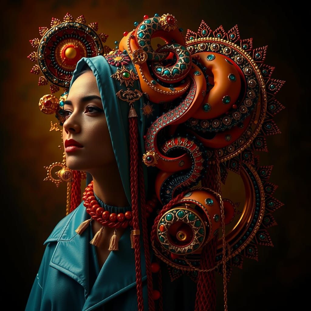 Elegant Woman in Surreal, Maximalist Psychedelic Scene