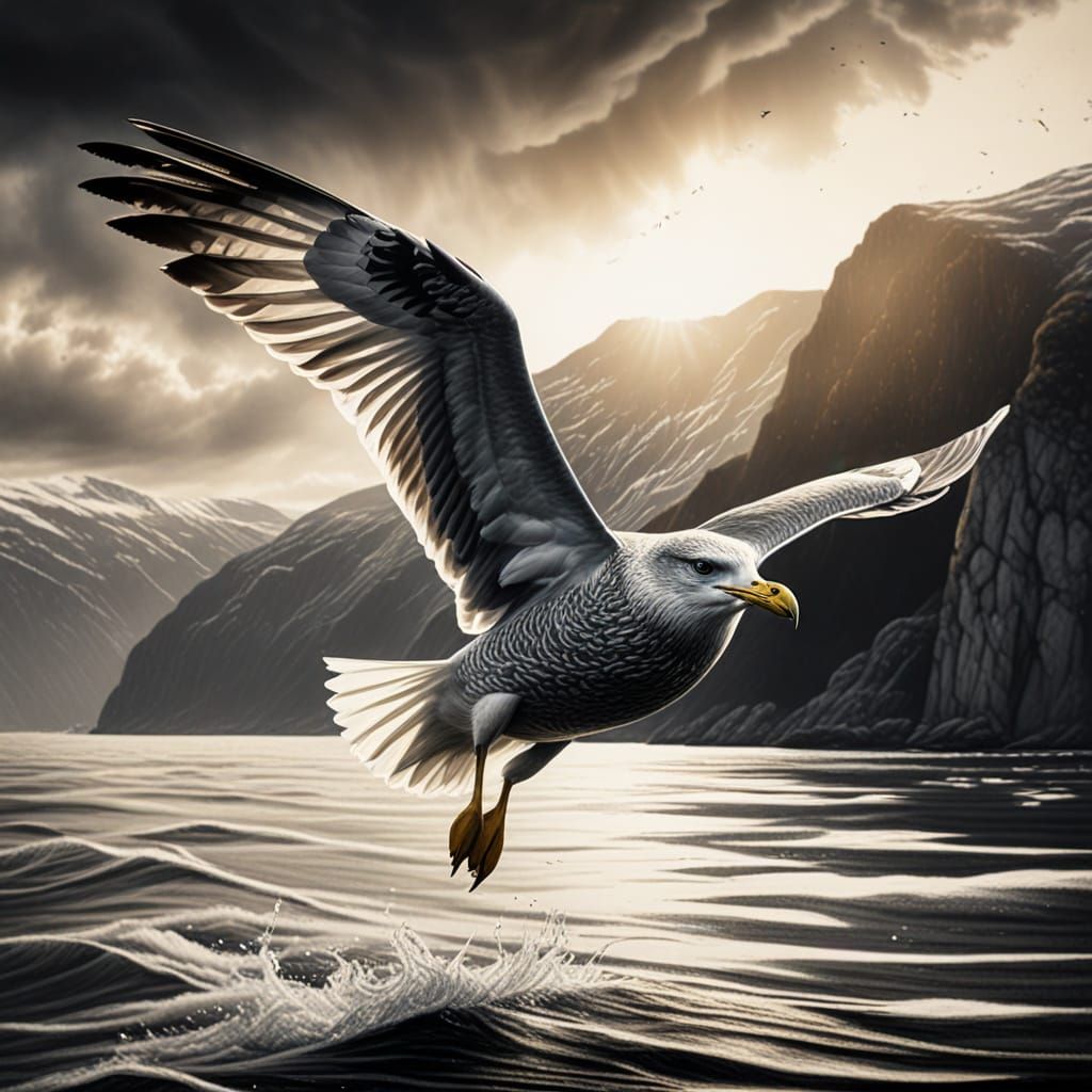 Herring Gull Soars Over Fjord in Golden Light