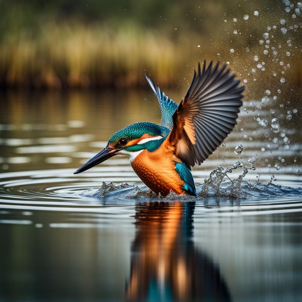 Kingfisher Diving Into a Glistening Lake