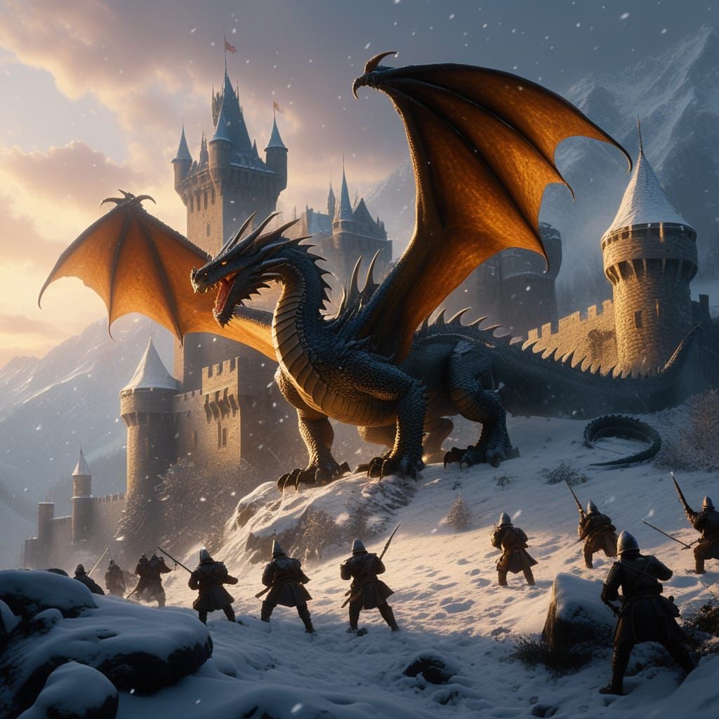 Soldiers Clash with a Majestic Dragon in a Snowy, Medieval L...