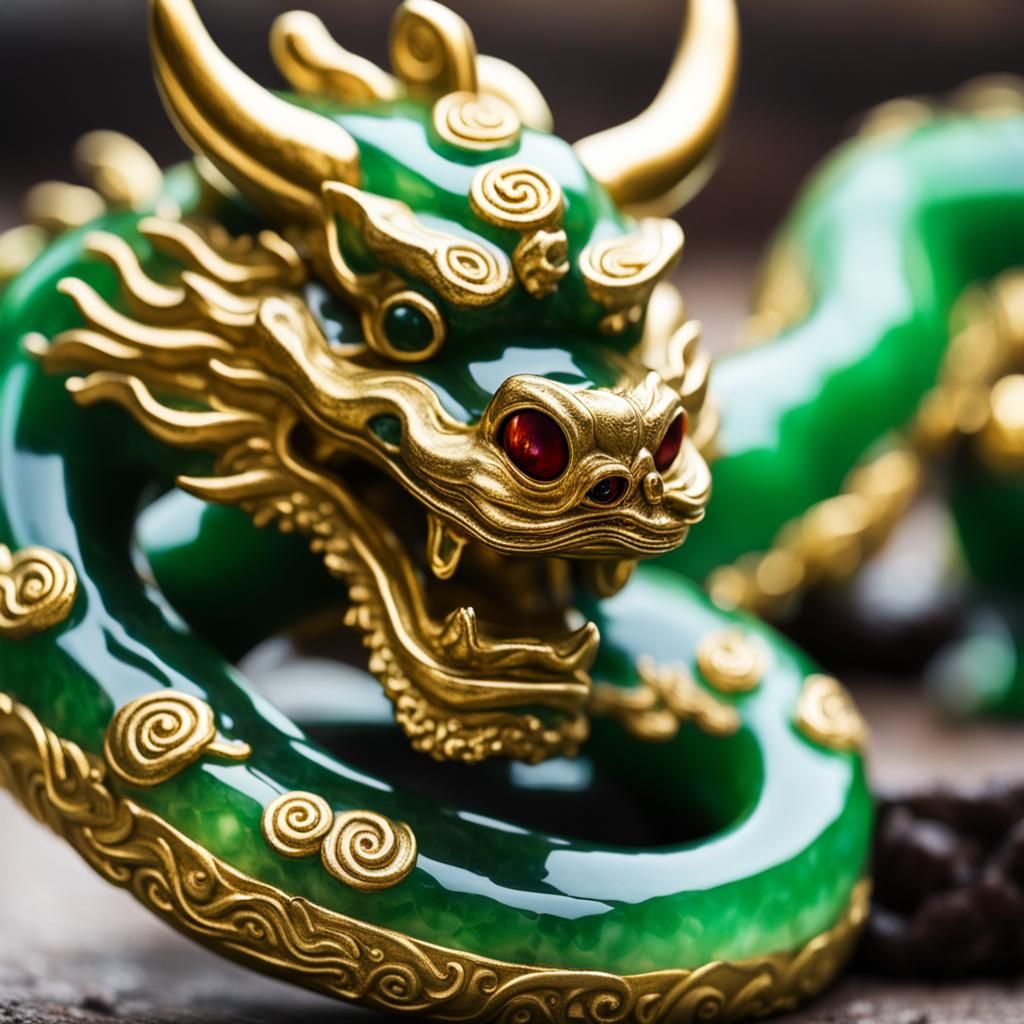 Chinese Dragon Ornament in Jade Stone with Golden Eyes