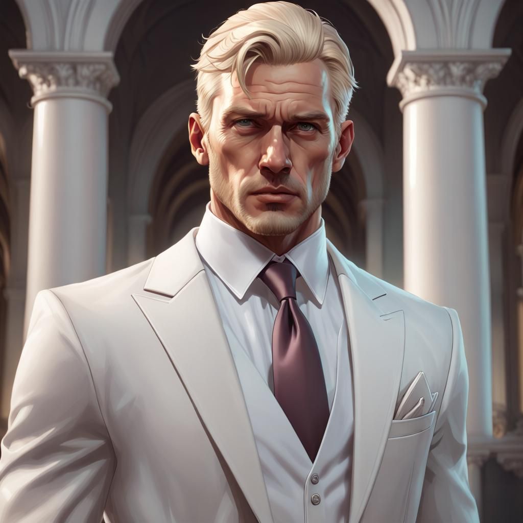 Blonde Man in White Suit: Hyperdetailed Portrait