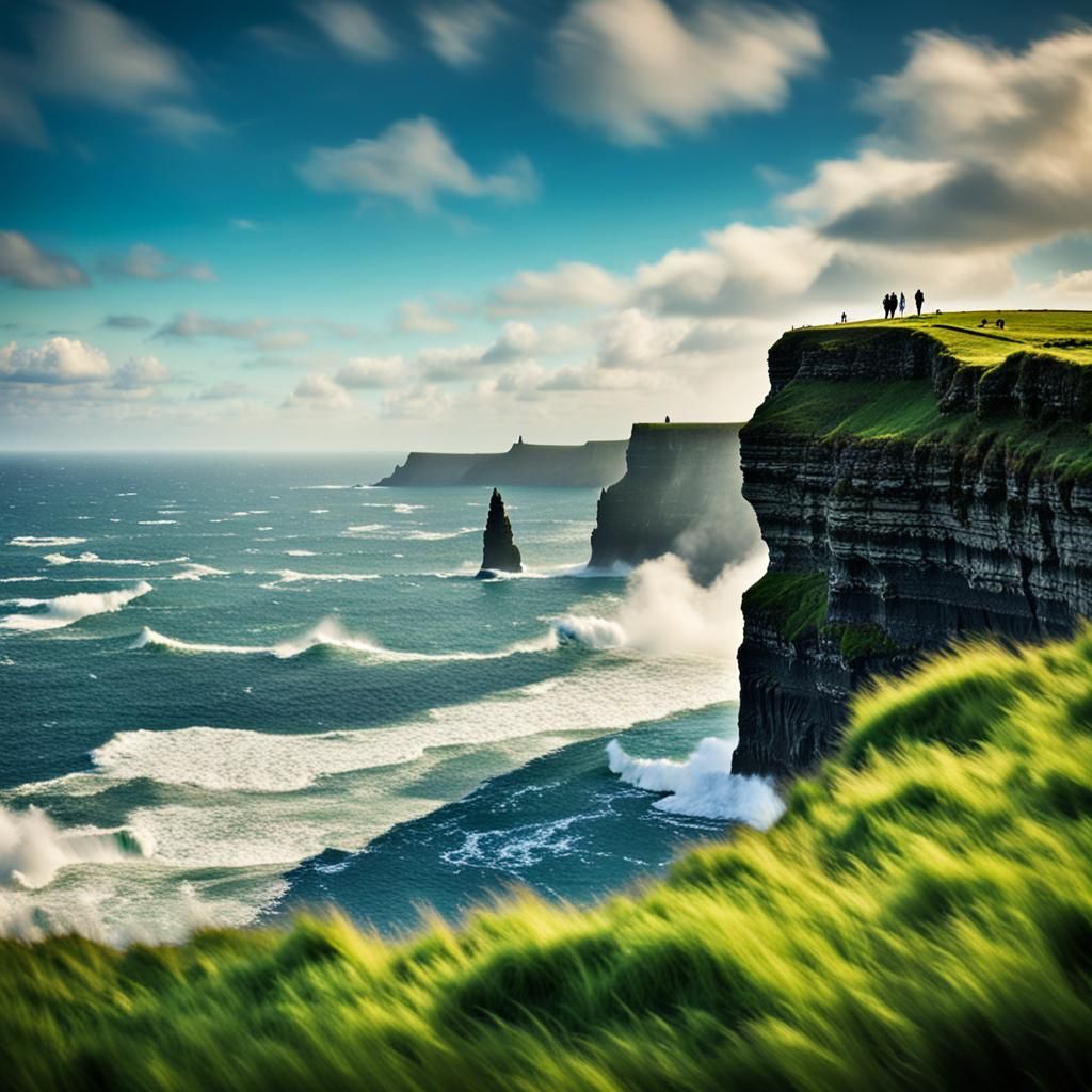 The stunning Moher Cliffs in Ireland. Green sea. High waves. Realistic and stunning image. Sunny day. Blue sky. Colourfu...