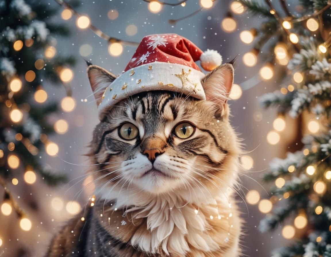 Festive Cat Portrait in Whimsical Illustrative Style