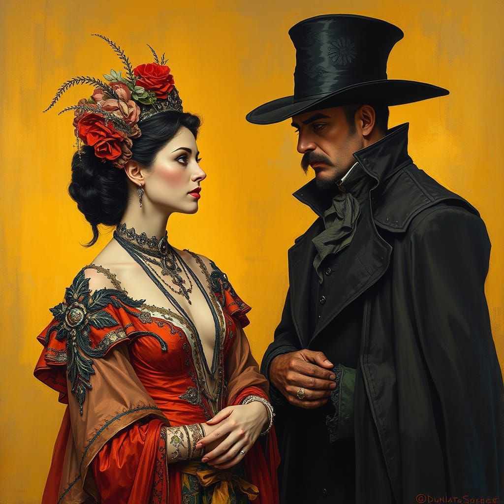 Symbolist Woman and Somber Man in Golden Light