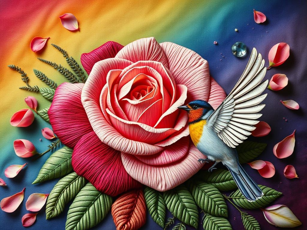 Rose and Birds in 3D Embroidery Style