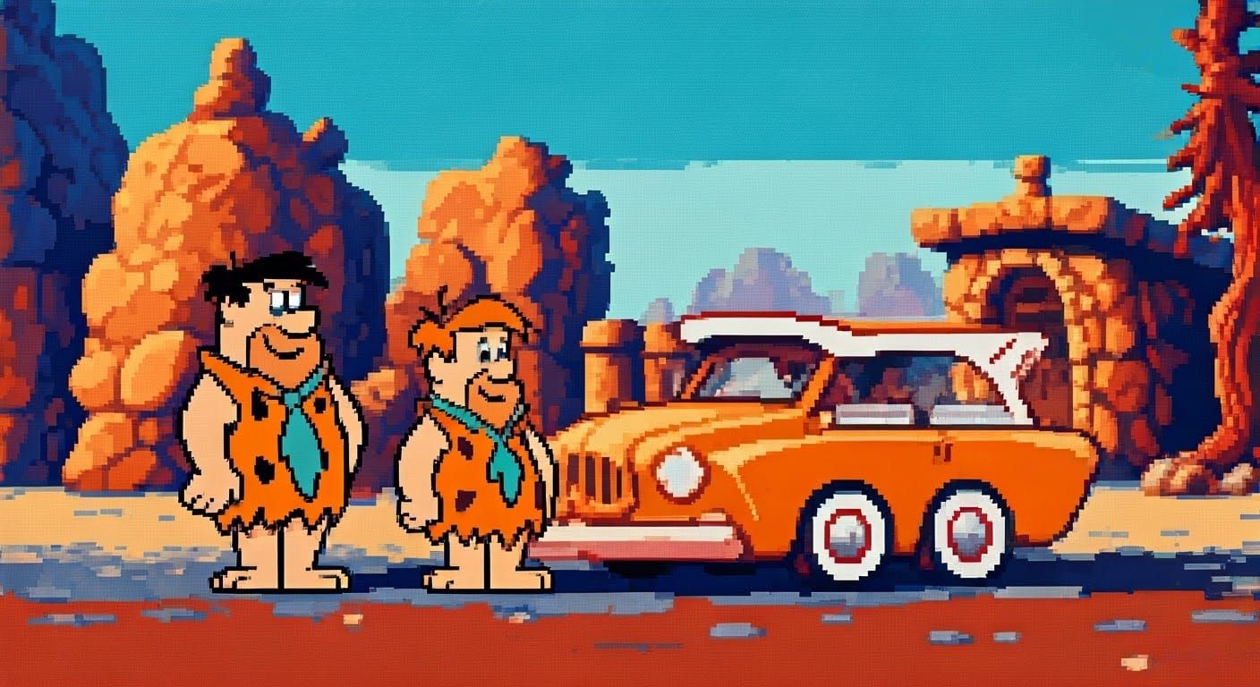 Fred Flintstone next to Barney Rubble, showing off his new c...