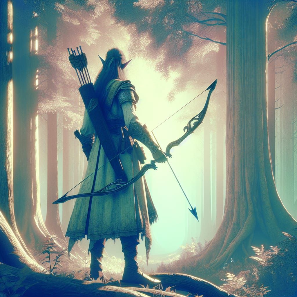 Wood Elf in Majestic Pastel Forest Scene