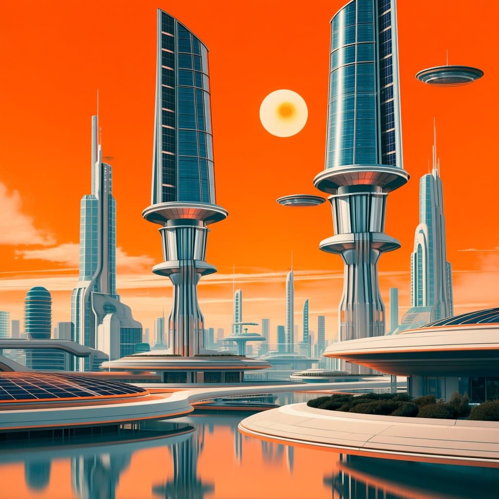Retro Futuristic Cityscape with Solar Towers