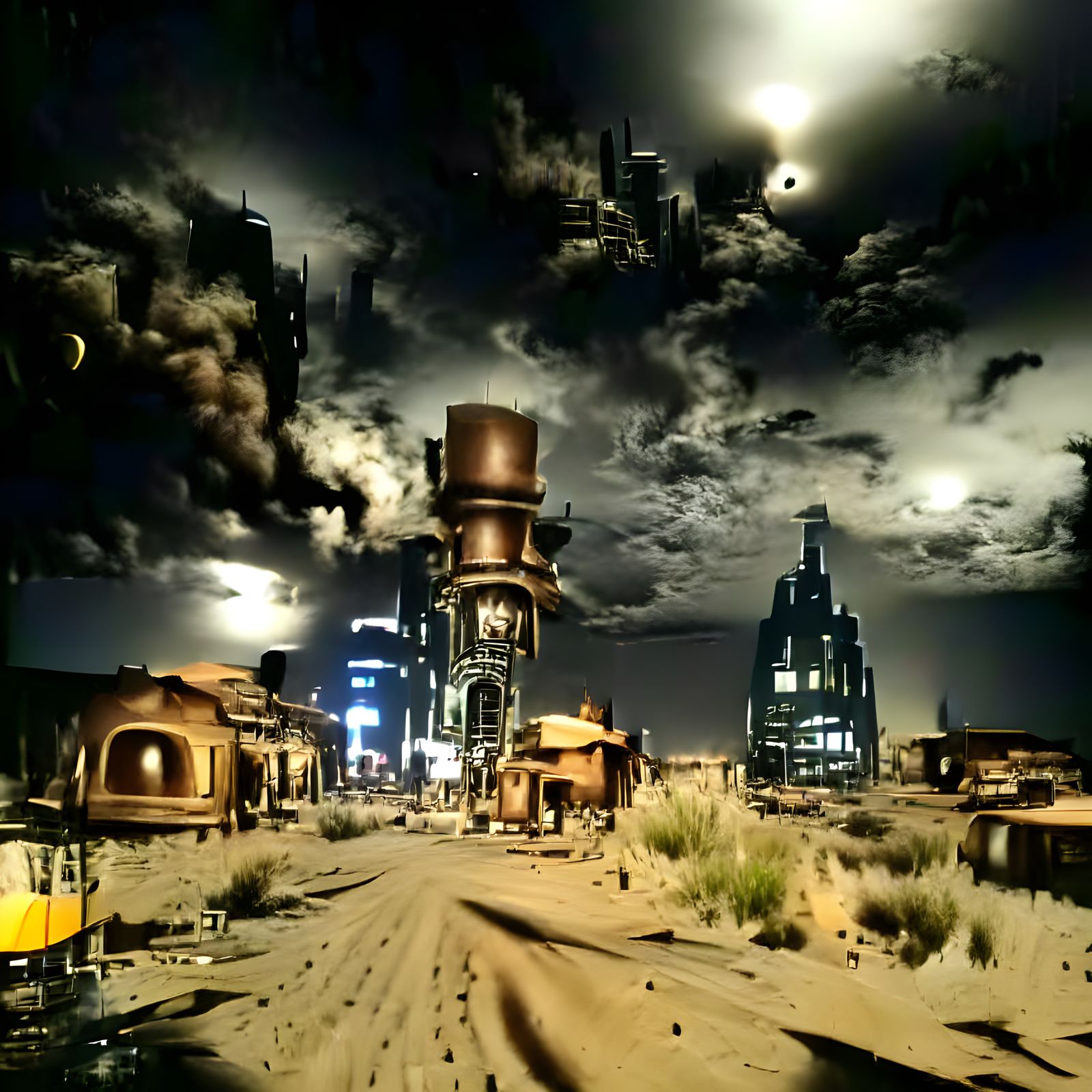 Post-Apocalyptic Desert City at Night in Steampunk Style