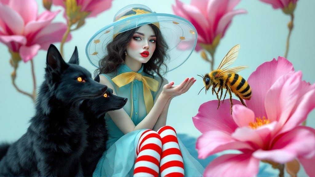 Whimsical Woman Enchants with Golden Bee and Fox Companions