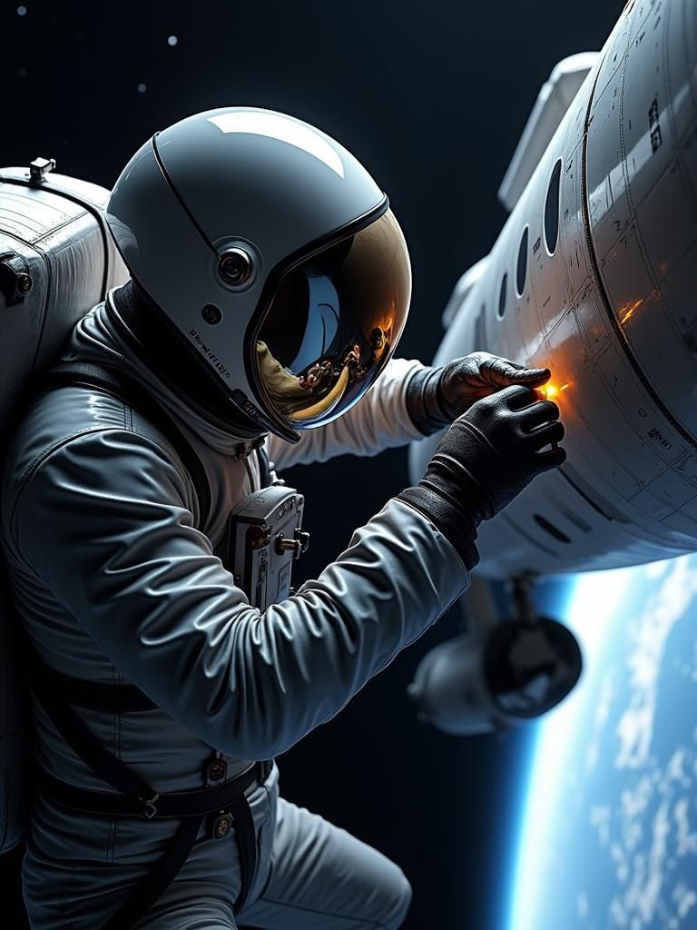 Astronaut Repairs Shuttle in Dieter Rams Style Spacesuit