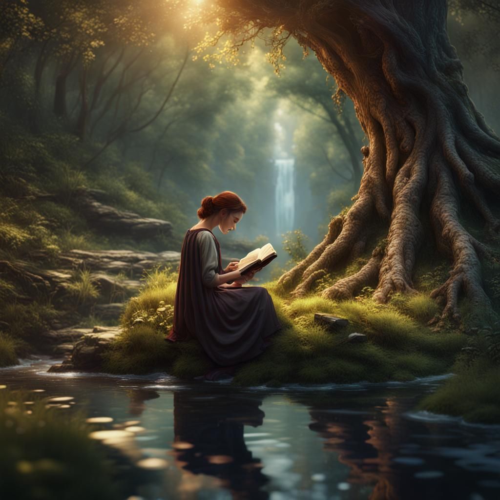 Reading by a Stream: Detailed Matte Painting