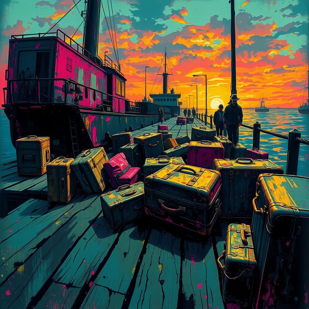 Travelers' Luggage in a Vibrant, Cubist-Inspired Scene