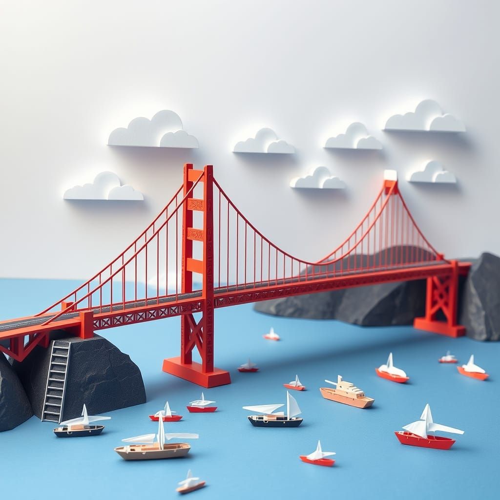 Kirigami Golden Gate Bridge Scene with Papercraft Traffic