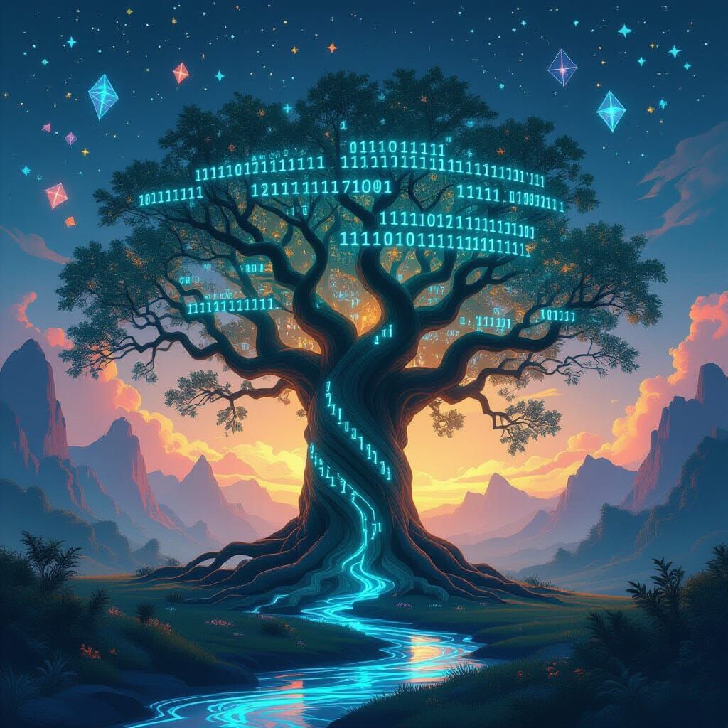Ancient Digital Tree of Binary Code and Holographic Leaves