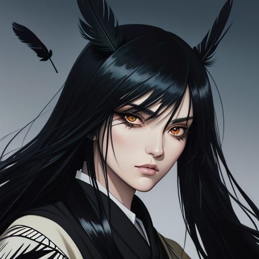 Anime Portrait of Raven-Adorned Woman in Black Robes